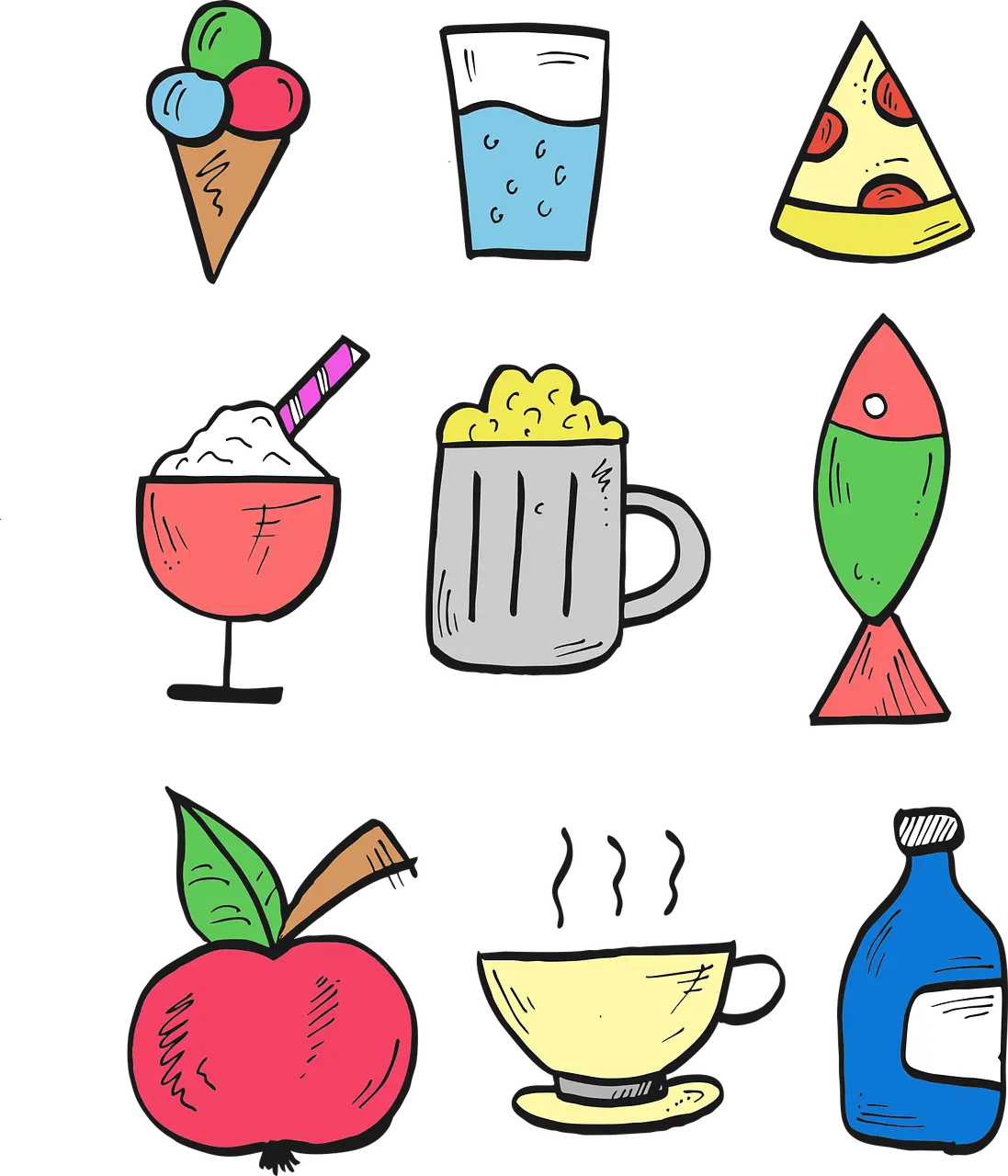 Pixabay 이미지: 마시다, 커피, 생선, 과일, 맥주, 식사, 건강한, 신선한, 조직, 자연, 그림, 아이콘 세트